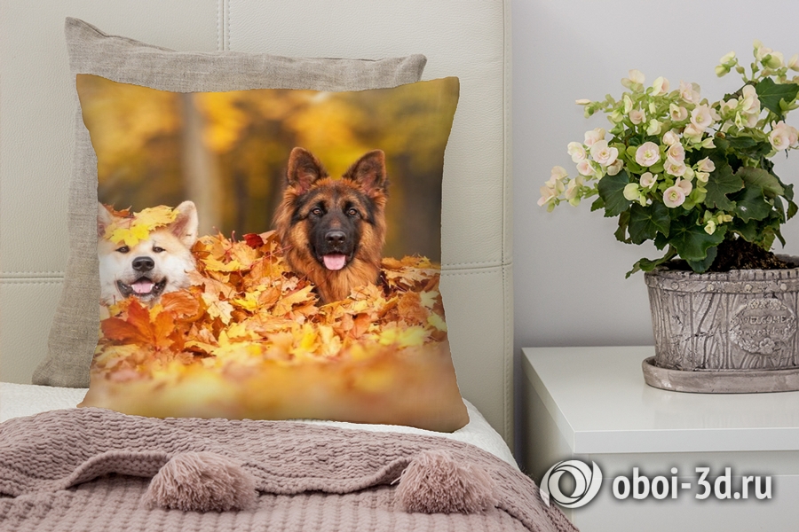 3D Подушка «Собаки в листьях»  вид 3