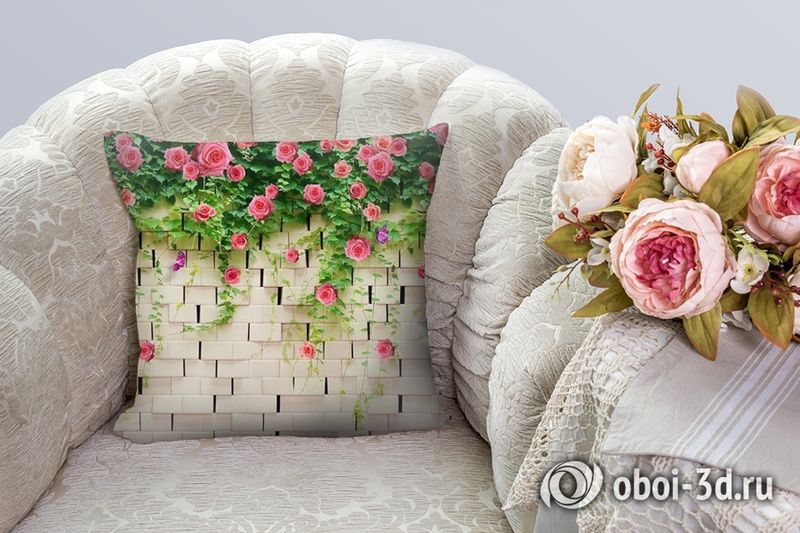 3D Подушка «Кирпичная стена с цветами»  вид 3