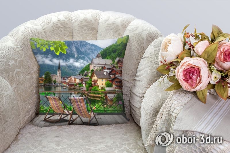3D Подушка «Терраса-балкон с видом на деревню у озера»  вид 3