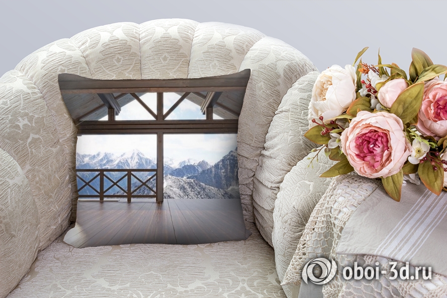 3D Подушка «Вид с террасы альпийского шале» вид 3