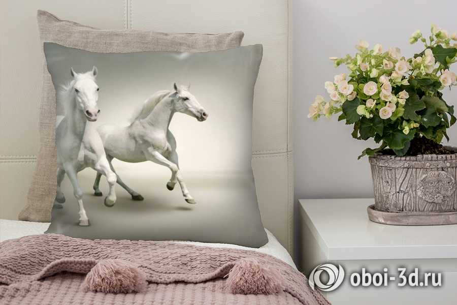 3D Подушка «Белые лошади на сером фоне» вид 3