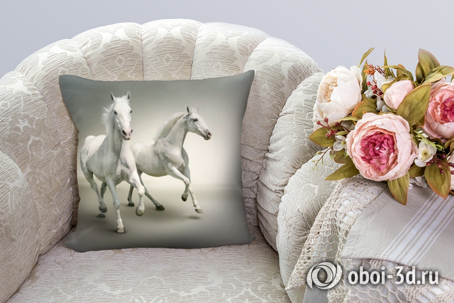 3D Подушка «Белые лошади на сером фоне» вид 2