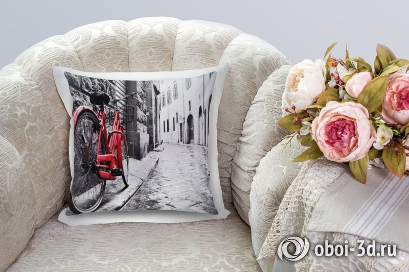 3D Подушка «Красный велосипед на черно белой улочке» вид 2