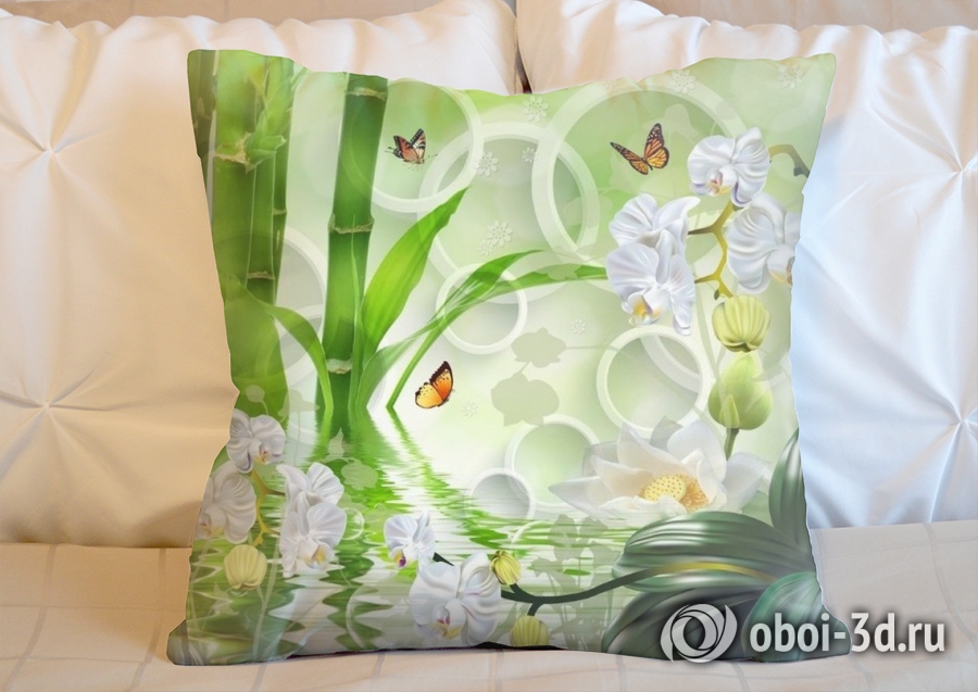 3D Подушка «Орхидеи на салатовом фоне в стиле спа» вид 5