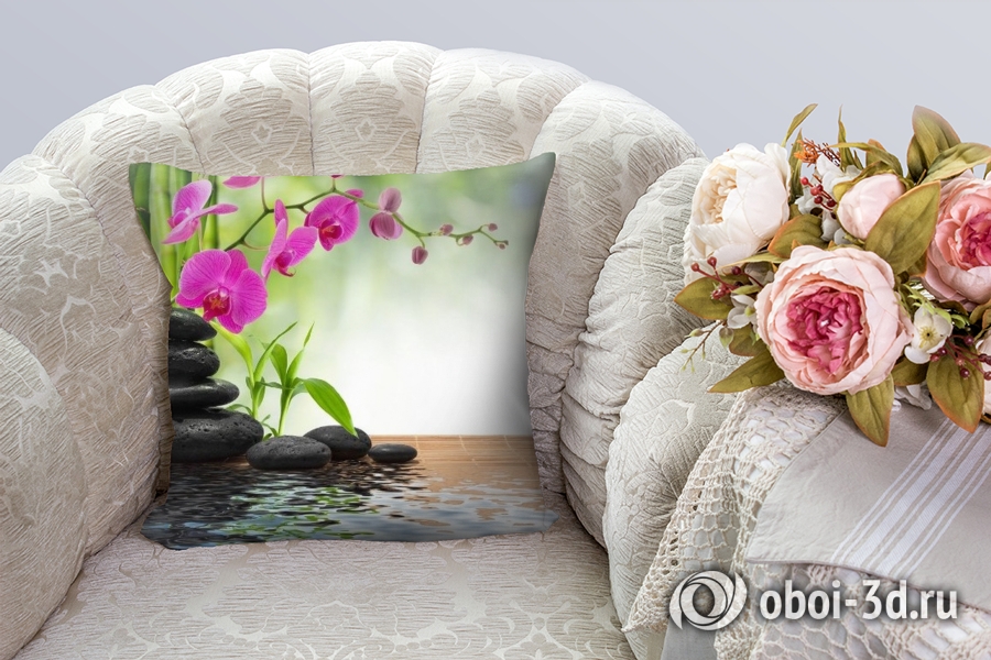 3D Подушка «Цветы орхидеи и черная галька» вид 3