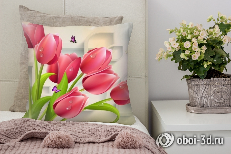 3D Подушка «Яркие тюльпаны с бабочками» вид 2
