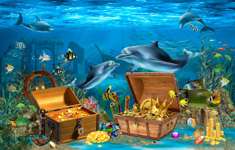 3D Фотообои 3D Фотообои «Дельфины кладоискатели»