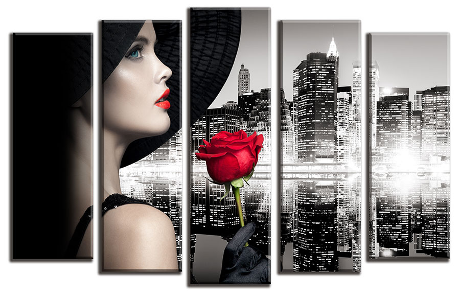 5D картина «Девушка с розой на фоне города» 160x110 (комплект из 5 модулей)
