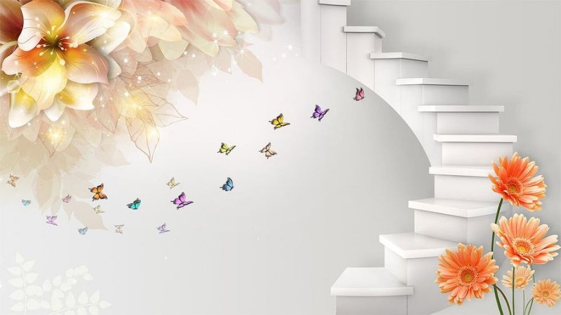 3D Фотообои  «Фантазийная лестница с цветами»  вид 1