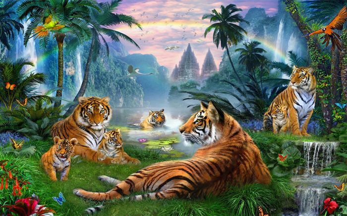 3D Фотообои «Тигры у водопадов» вид 1