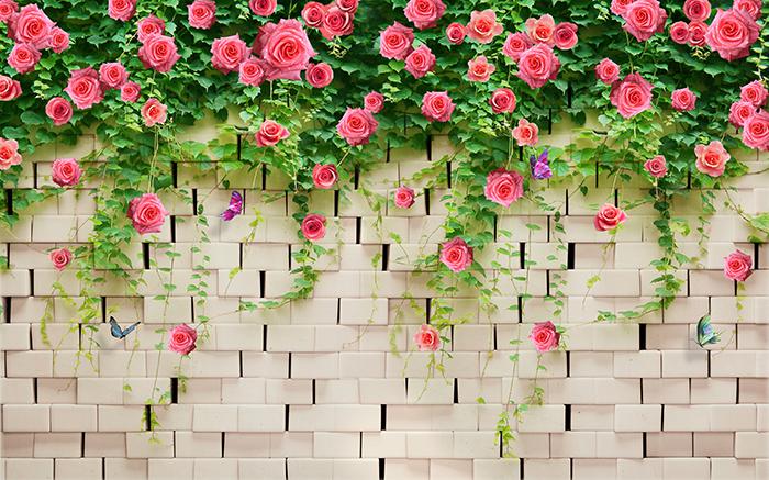 3D Фотообои «Кирпичная стена с цветами» вид 1