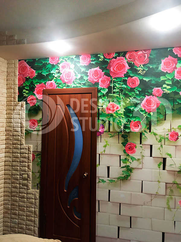  3D Фотообои «Кирпичная стена с цветами» 