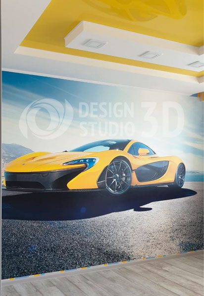  3D Подушка «Желтый спортивный автомобиль в лучах солнца» 